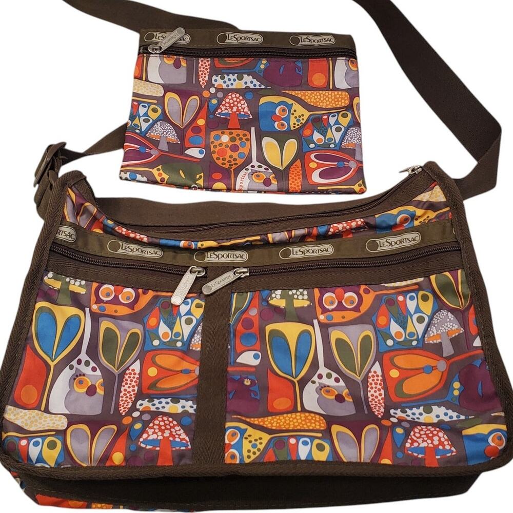 LeSportsac Crossbody Hobo Shoulder Bag Owl Mushroom RARE Print 2 Pieces